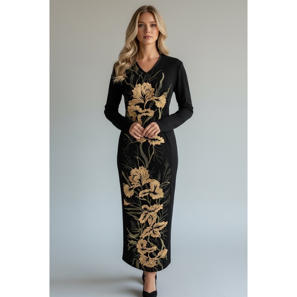 NEW Black Gold Floral Embroidered Studded Collar Maxi Dress Size Large